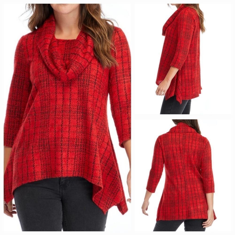 🍑New Directions Red Hacci Cowl Neck Asymmetric Hem Sweater 3X